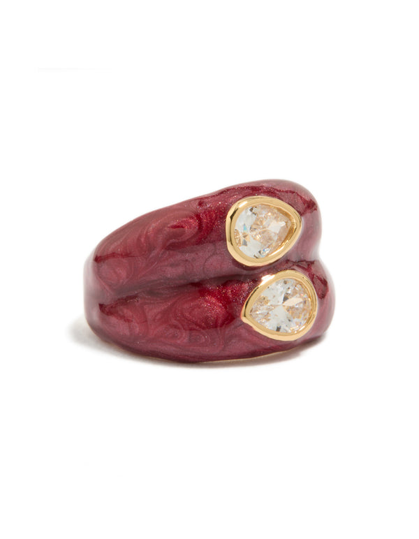 Beautifully crafted gold plated red enamel double cubic zirconia ring with glitter accents front view