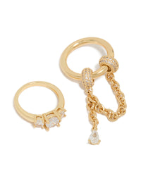 Featuring charm with crystal cubic zirconia in gold plated finish, dainty 2-pack spinner rings front view - link has visual effect only
