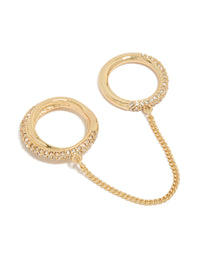 Showcasing a gold plated cubic zirconia pave dainty chain ring front view - link has visual effect only