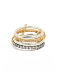 Showcasing a mixed metal plated cubic zirconia interlinked stacked ring featuring charm details in gold and silver with crystal embellishments front view - link has visual effect only