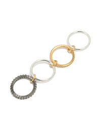 Highlighting mixed metal plated cubic zirconia interlinked stacked ring with charm details in gold and silver featuring crystal embellishments side detail view - link has visual effect only
