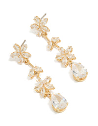 Showcasing gold cubic zirconia double floral drop earrings with statement style front view - link has visual effect only