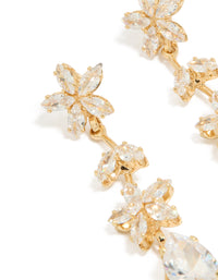Elegant gold cubic zirconia double floral drop earrings featuring statement style close up view - link has visual effect only