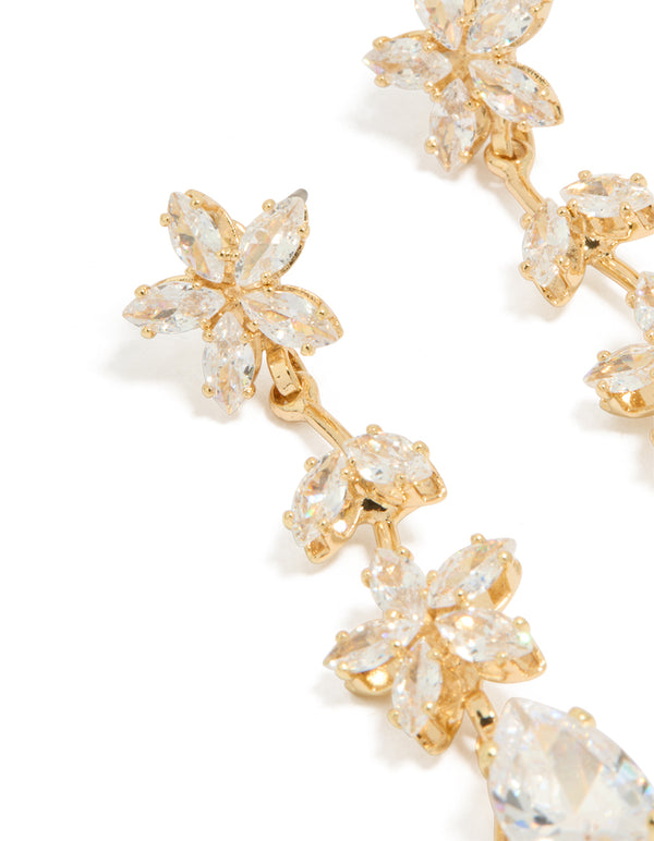 Elegant gold cubic zirconia double floral drop earrings featuring statement style close up view