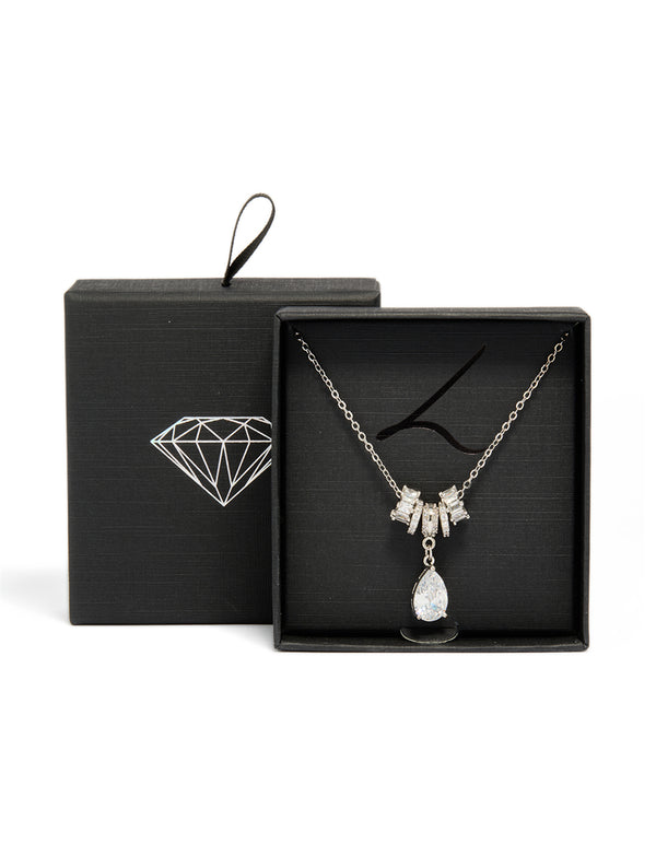 Showcasing a silver cubic zirconia pear rondelle necklace crystal stone cut in white close up view