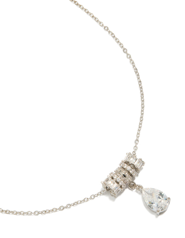 Showcasing a silver cubic zirconia pear rondelle necklace crystal stone cut in white close up view