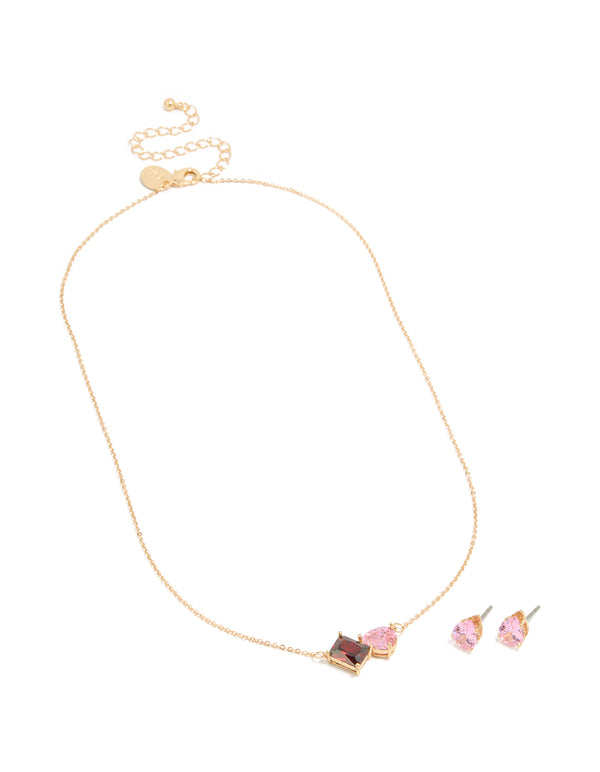 Gold Pink & Red Cubic Zirconia Cluster Necklace & Earrings Set