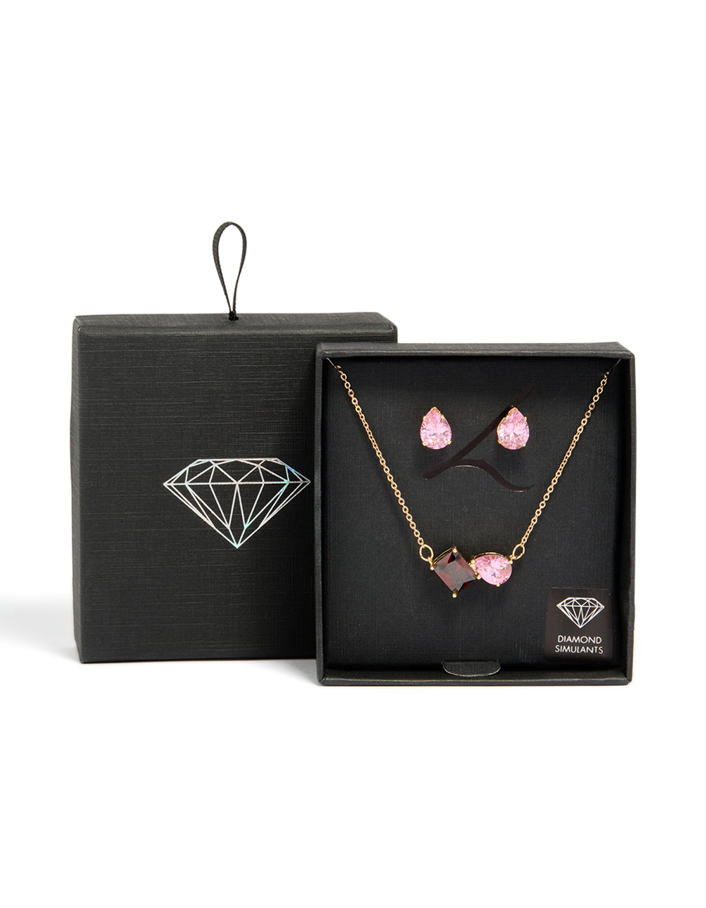 Gold Pink & Red Cubic Zirconia Cluster Necklace & Earrings Set
