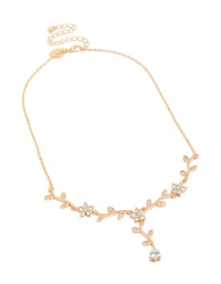 Elegant statement necklace with floral vine design featuring leaf accents and cubic zirconia in gold front view - link has visual effect only