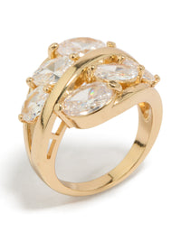 Featuring a gold plated ring with oval cubic zirconia clusters in a statement layered design side detail view - link has visual effect only