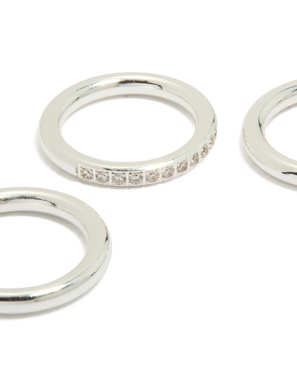 Designed with statement waterproof stainless steel band stacking rings in a 3-pack featuring silver color close up view