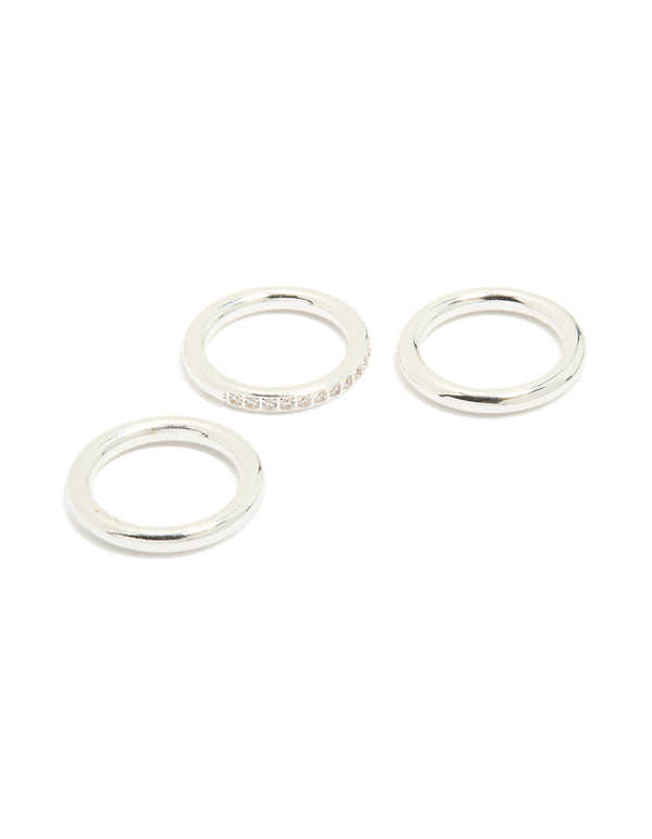 Showcasing statement waterproof stainless steel band stacking rings in a 3-pack with silver color front view