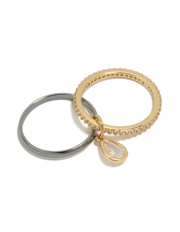 Elegant mixed metal plated cubic zirconia band and stacked ring with charm in gold and silver tones featuring white stones front view