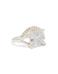 Showcasing a silver square pavé set cubic zirconia ring with statement style side detail view - link has visual effect only