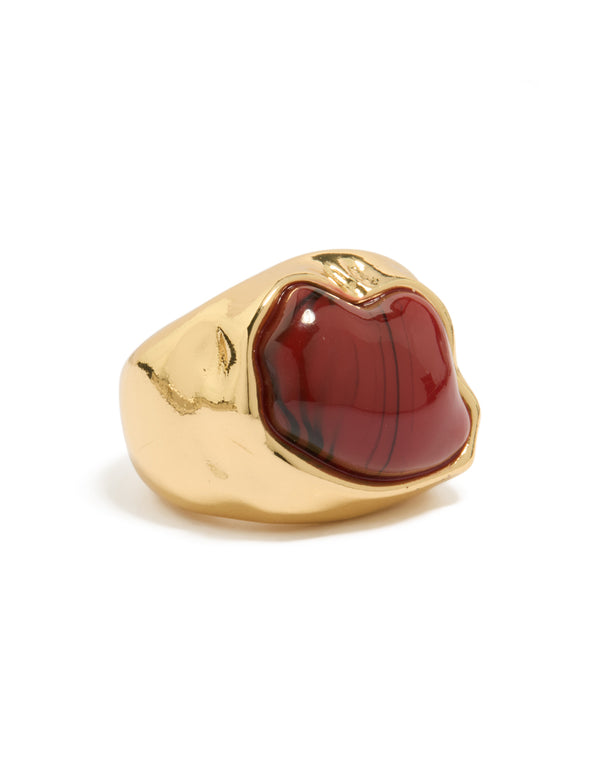 Showcasing a gold plated chunky molten burgundy stone ring with maroon accents front view