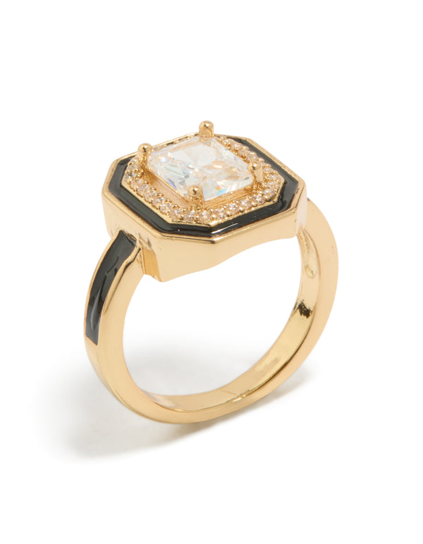 Gold Plated Black Enamel Outline Cushion Cut Cubic Zirconia  Ring