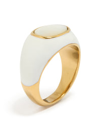 Showcasing waterproof gold plated stainless steel with white enamel shell ring side detail view - link has visual effect only