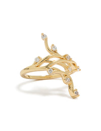 Showcasing a gold plated cubic zirconia statement floral vine ring in clear stone front view - link has visual effect only