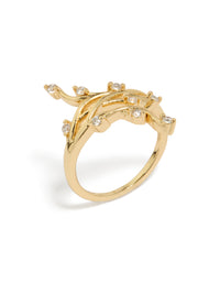 Elegant gold plated cubic zirconia statement floral vine ring in clear side detail view - link has visual effect only