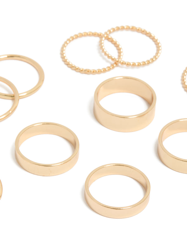 Featuring gold beaded thick and simple rings 8-pack close up view