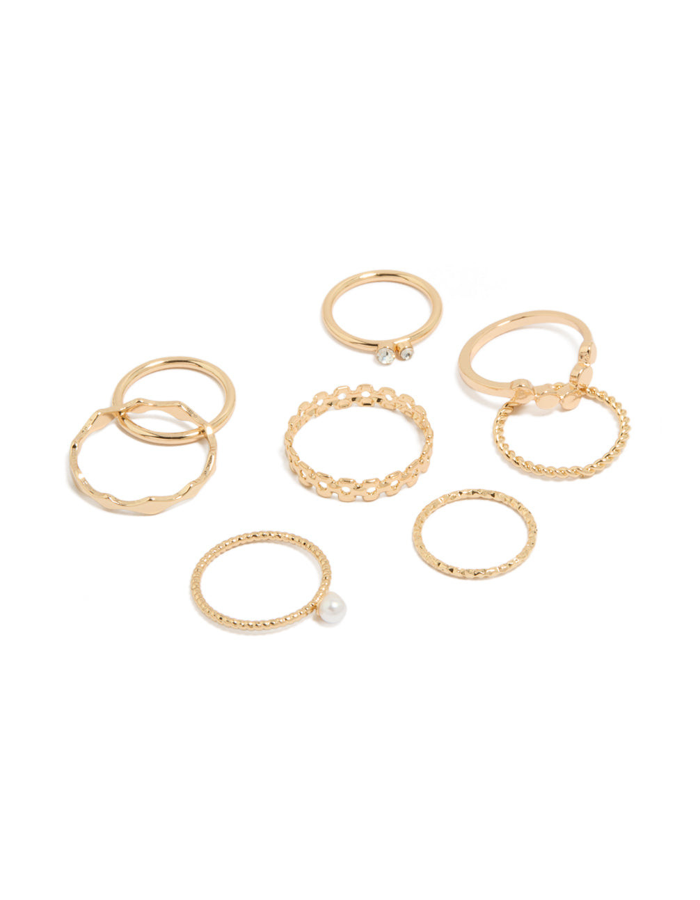 Beautifully designed gold pearl and thin mixed stacking rings in a dainty 3-pack front view
