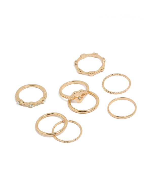 Showcasing gold diamante heart band rings 8-pack details front view