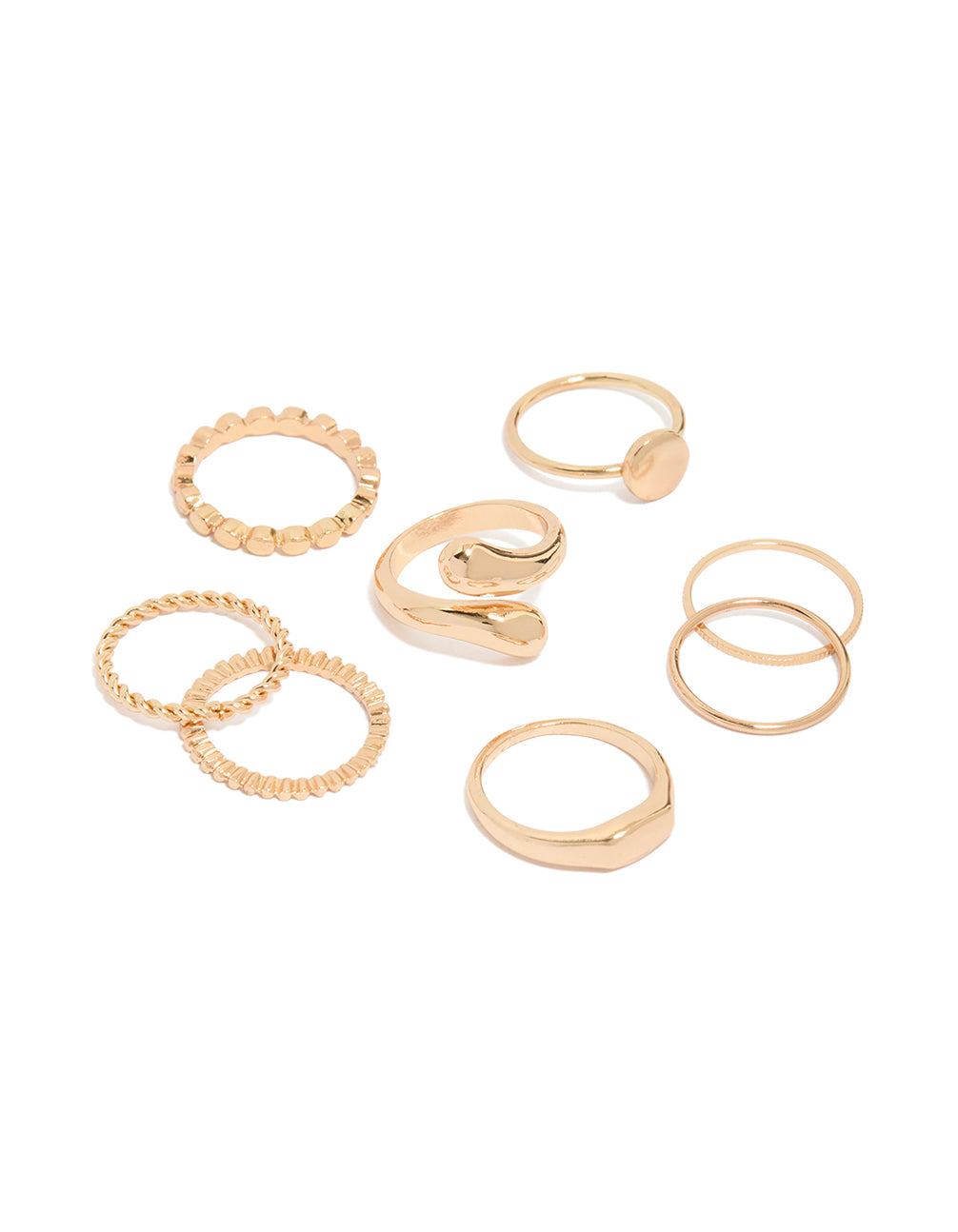Shop this gold thin wrap circle and rectangle signet rings 8-pack featuring beads with dainty style front view