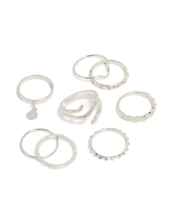 Showcasing a mixed swirl stacking rings 8-pack featuring charm disc details in silver front view