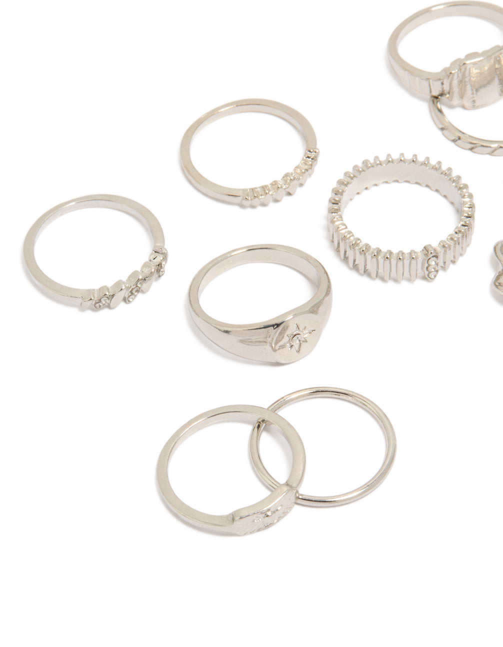 Featuring silver signet and ribbed rings in a 10-pack with celestial star in a dainty styling close up view