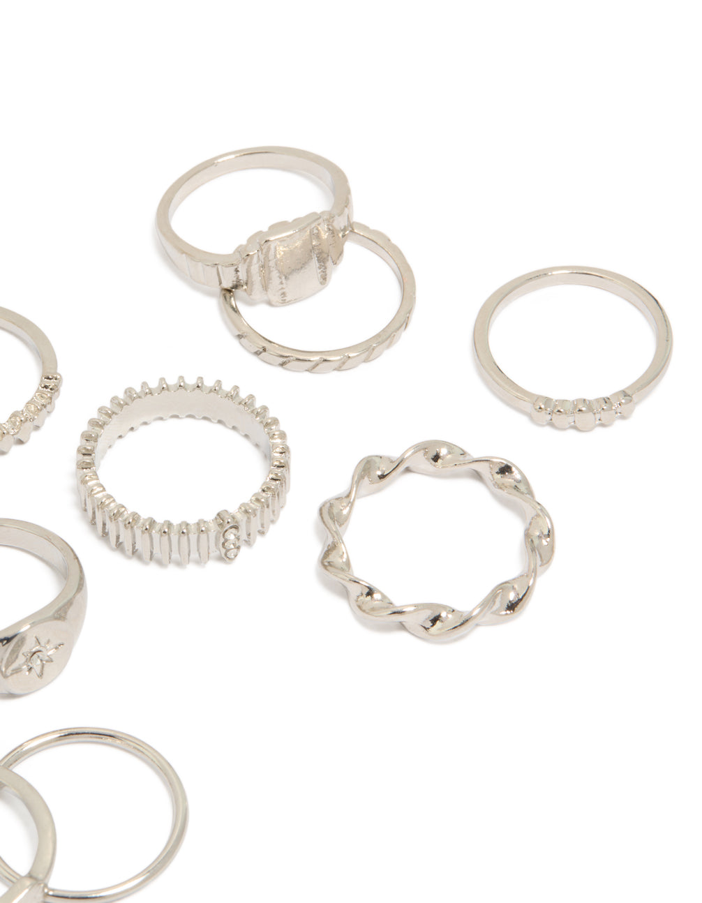 Crafted from silver, signet and ribbed ring 10-pack with celestial star in a dainty design side detail view