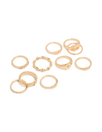 Discover statement gold signet and ribbed rings featuring celestial star motifs in a 10-pack front view - link has visual effect only