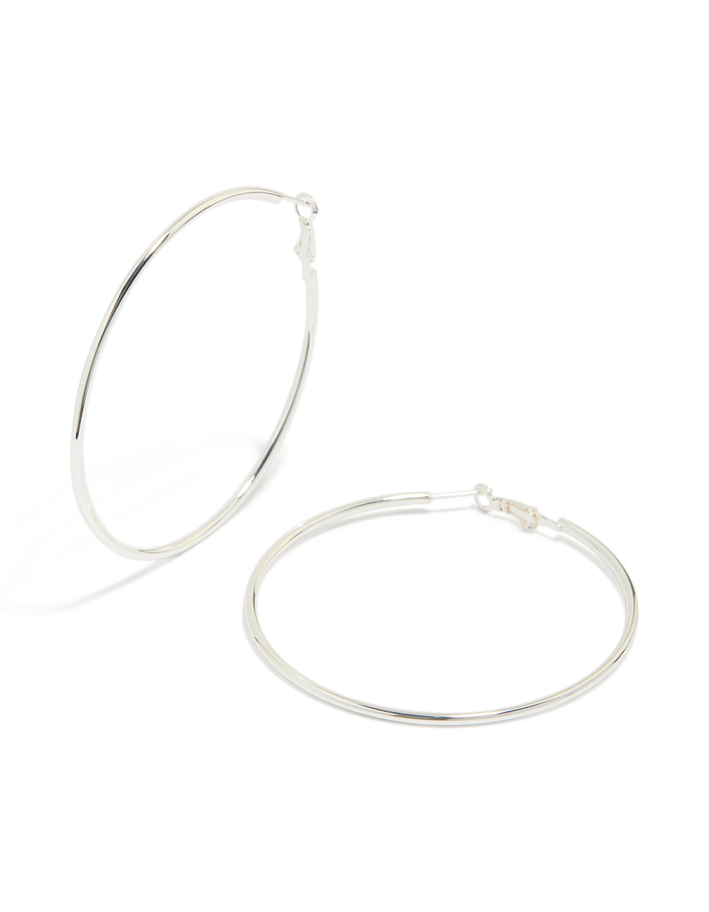 Showcasing waterproof stainless steel thin hoop earrings in statement style with silver finish and 65 MM closure front view