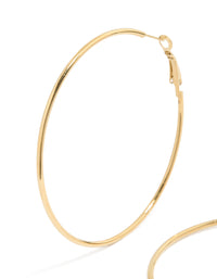 Highlighting waterproof thin hoop earrings in gold plated stainless steel and hoop closure close up view - link has visual effect only