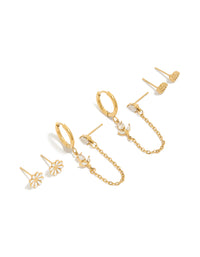 Discover waterproof gold plated stainless steel floral spring earrings pack featuring with hoop, stud closures front view - link has visual effect only