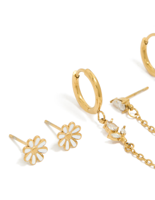 Crafted from waterproof gold plated stainless steel, this floral spring earrings pack features with hoop, stud, closures close up view