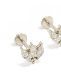 Elegant waterproof stainless steel triple marquise cubic zirconia flat back stud earrings featuring leaf design in silver and clear close up view - link has visual effect only