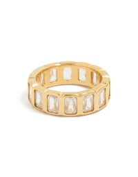 Showcasing a waterproof gold plated stainless steel band ring with cubic zirconia in clear tone front view - link has visual effect only