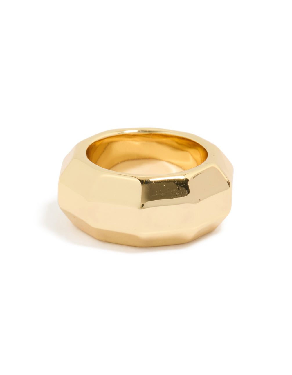 Featuring a geometric faceted waterproof statement ring crafted from gold plated stainless steel front view