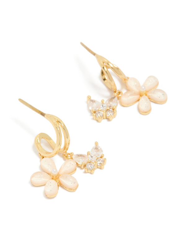 Gold Cubic Zirconia Butterfly & Flower Double Hoop Earrings