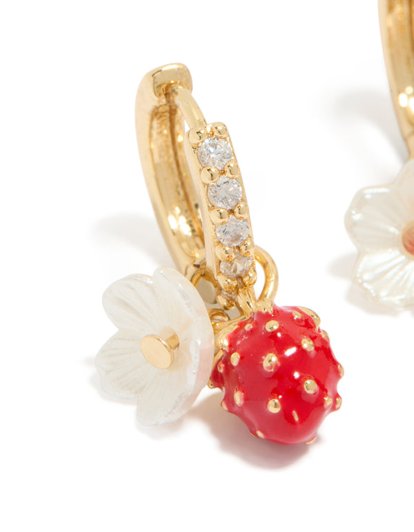 Gold Plated Cubic Zirconia Flower Strawberry Huggie Earrings