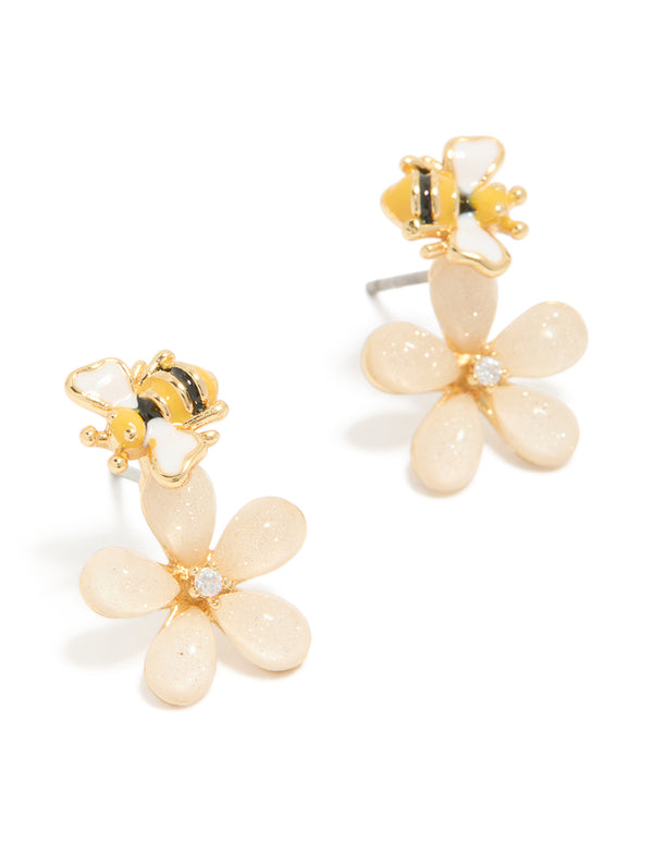 Gold Plated Cutesy Pink Flower & Enamel Bee Stud Earrings