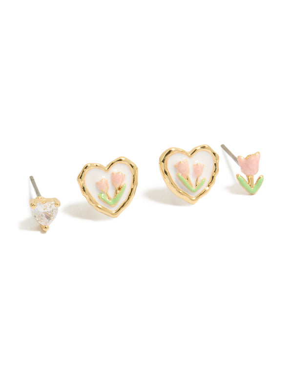 Gold Plated  Cubic Zirconia Flower Stud Earrings 3-Pack