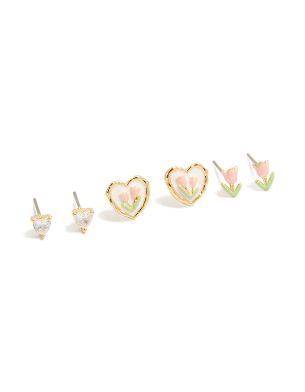 Gold Plated  Cubic Zirconia Flower Stud Earrings 3-Pack
