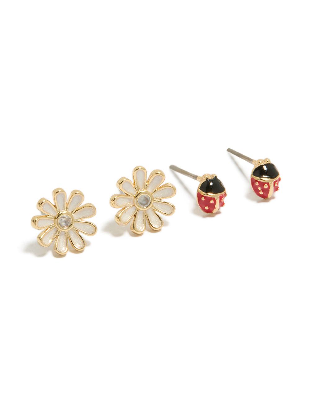 Discover this stud style 2-pack featuring animal ladybug and floral design with enamel, crystal, cubic zirconia materials in gold plated finish front view