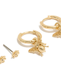 Gold Plated Micro Flower Studs & Bumblebee Huggie Earrings 2-Pack - link has visual effect only
