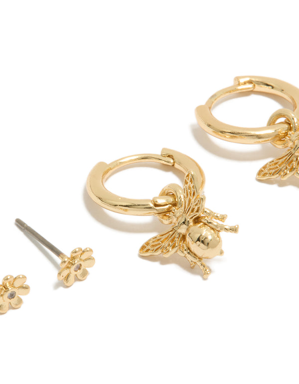 Gold Plated Micro Flower Studs & Bumblebee Huggie Earrings 2-Pack