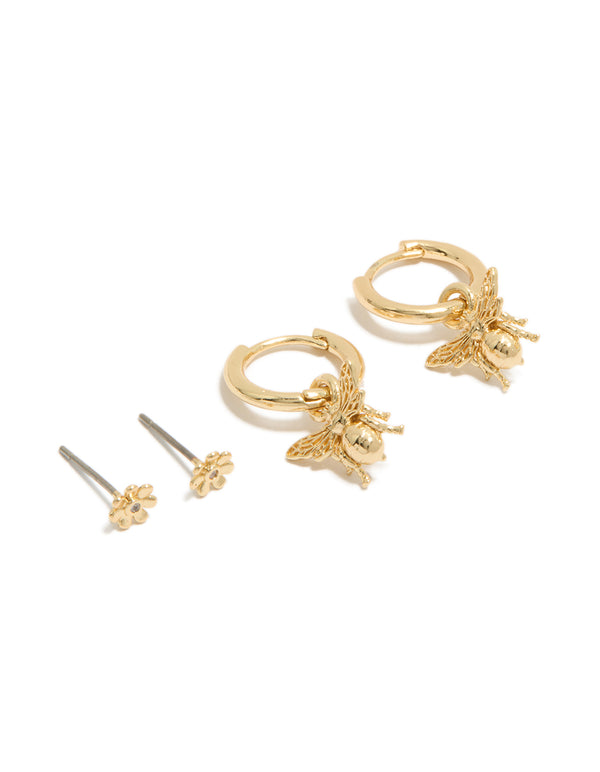 Gold Plated Micro Flower Studs & Bumblebee Huggie Earrings 2-Pack