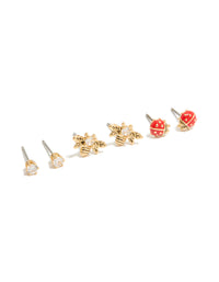Gold Plated Cubic Zirconia Bee & Ladybug Stud Earrings 3-Pack - link has visual effect only