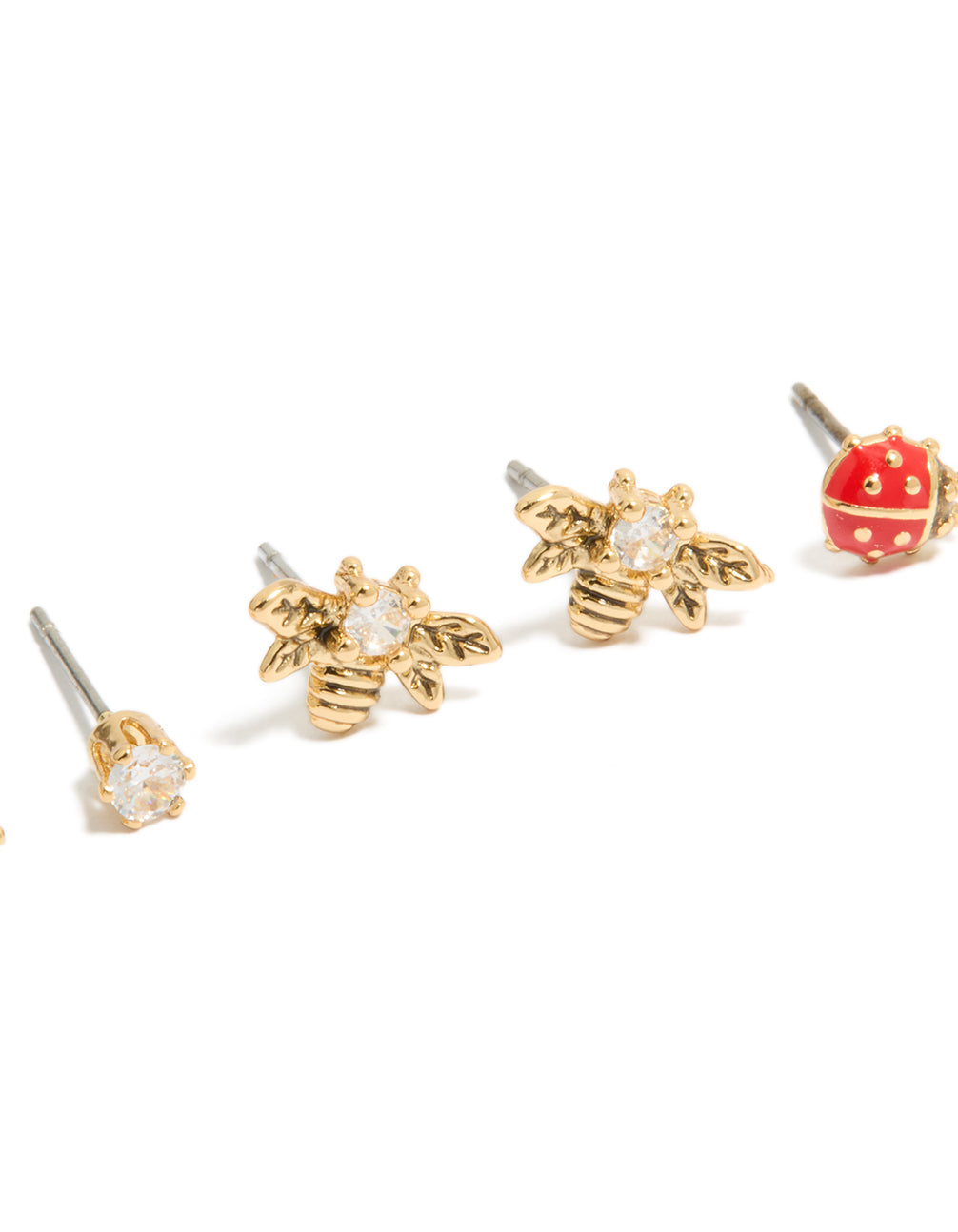 Featuring gold plated cubic zirconia bee and ladybug stud earrings in a dainty 3-pack with red enamel detailing and crystal accents close up view