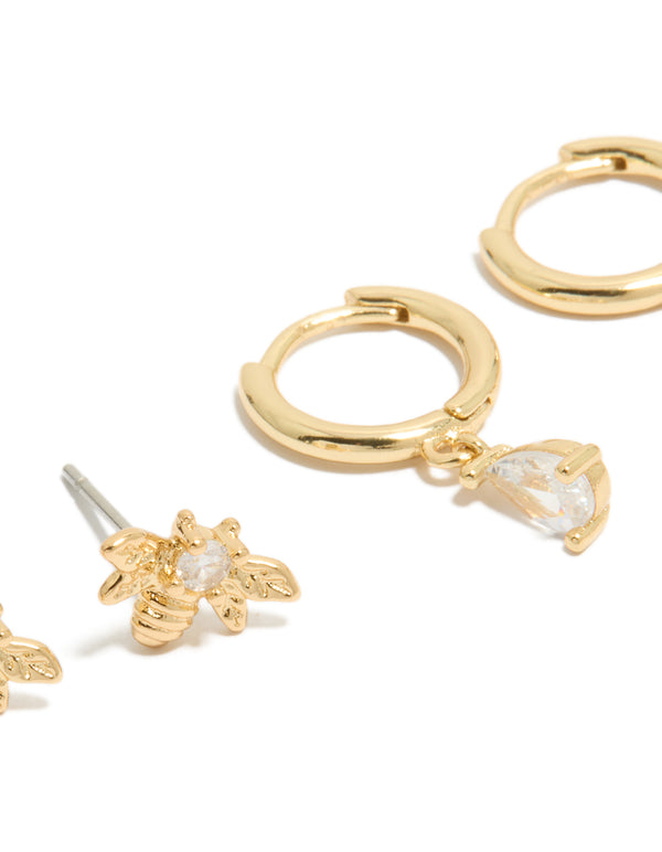 Gold Plated  Cubic Zirconia Bumblebee Stud & Huggie Earrings 2-Pack